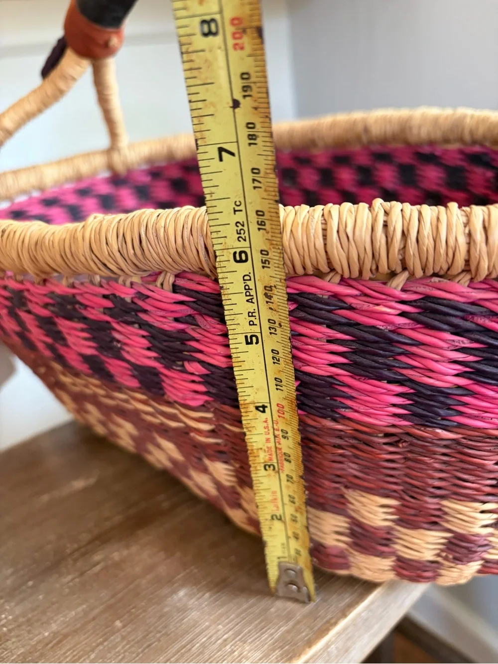 African Handwoven Ghanaian Straw Basket with Leather Handle pink red beige